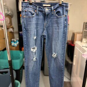 Levi Boyfriend Cropped Destructed Straight Jean - Size 27 x 27, Medium Blue Wash